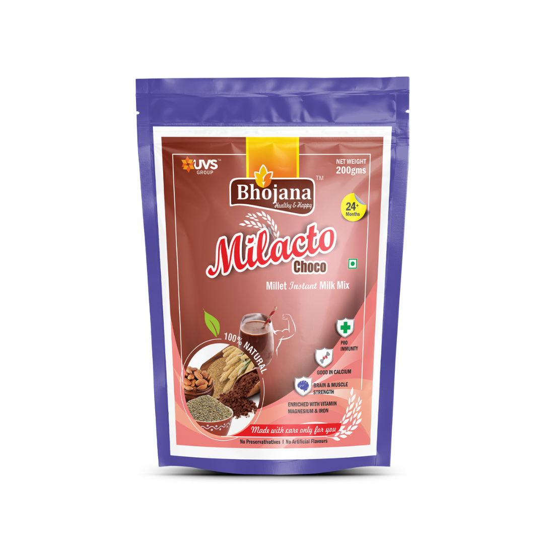 MILACTO – Bhojana Food Company 200gm Instant Healthy Millet Drink Mix | Nutrition for all | 2 years to all ages (men and women) Health,Strength and energy | No Preservatives | Gluten Free