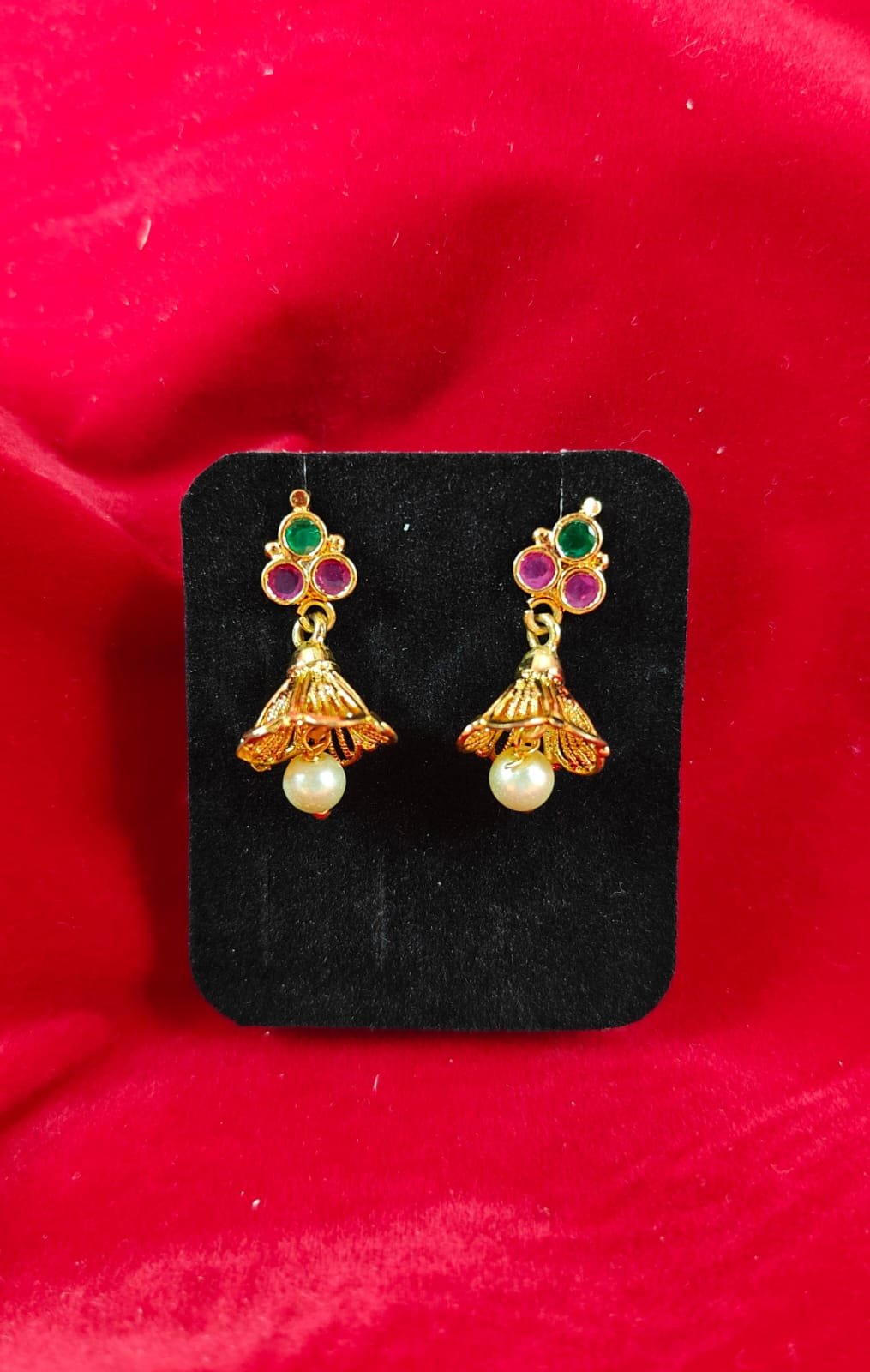 Traditional Impon Gold Plated Stone & Pearl Jhumka Earrings for Women | Ethnic Wedding & Festive Wear Jewellery | Gold Plated Imitation Earring