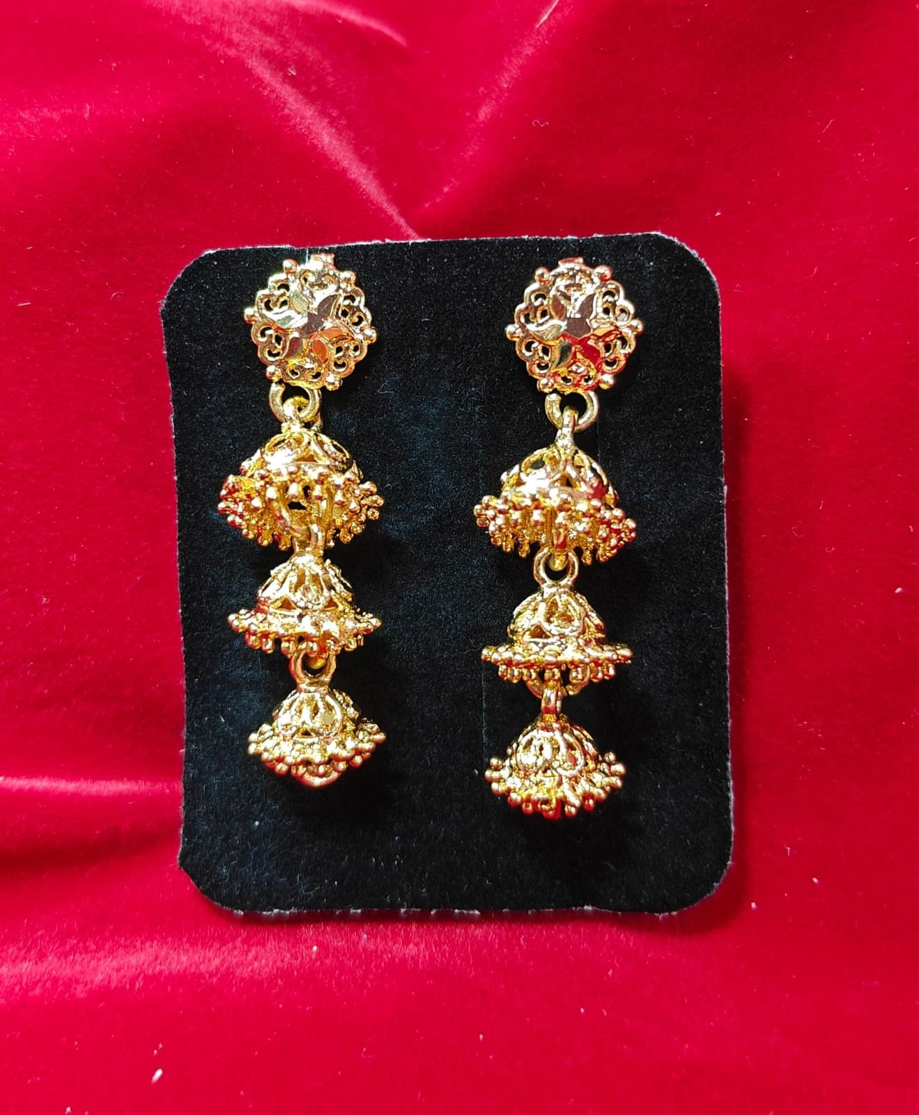 Traditional Impon Triple Layer Jhumka Earrings| Ethnic Wedding & Festive Wear Jewellery | Gold Plated Imitation Earring