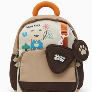 Cute Bear School Backpack for Kids | Cartoon Printed Travel Bag with Mini Pouch | Durable Cloth Fabric | Soft Handle & Smooth Zip Closure