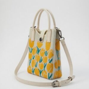 Cute Floral Mini Sling Tote Bag for Women & Girls | Tulip Knit Crossbody Handbag | Durable Premium Cloth Fabric | Soft Handle with Adjustable Strap